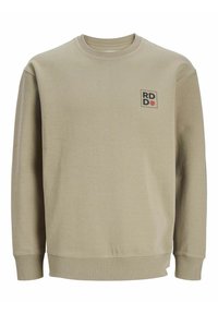 Khaki sweatshirt with long sleeves, round neck, ribbed cuffs, and hem. Features a small black and red "RDD" logo on the left chest.