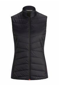 Gilet nero senza maniche imbottito con collo alto e cerniera frontale, progettato per fornire calore leggero e un look casual.