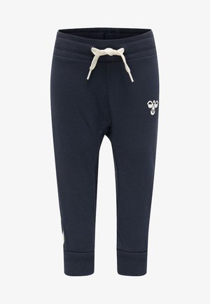 Marineblaue Jogginghosen mit elastischem Bund und cremefarbenem Kordelzug. Mit gerippten Bündchen und einem weißen Logo-Detail an der Seite.