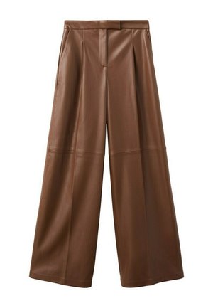 Brązowe szerokie spodnie z ekologicznej skóry, z wysokim stanem, bocznymi kieszeniami oraz ukrytym z przodu suwakiem i zapięciem na guzik.