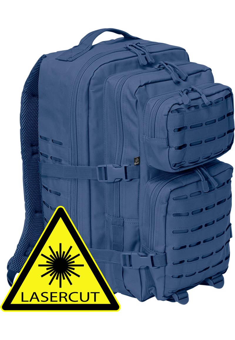 Zaino tattico blu realizzato in un tessuto resistente, con diversi scomparti, chiusure a zip e webbing MOLLE tagliato al laser per il fissaggio.