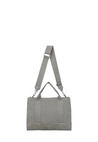 Grijze textiel tas met dubbele handvatten en een verstelbare schouderband. Bevat een gladde onderste accentsectie; heeft een gestructureerde rechthoekige vorm.