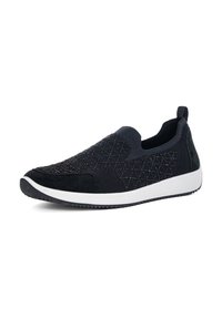 Schwarzer Slipper mit einem strukturierten Strick-Obermaterial, Diamantmuster und Wildlederakzenten. Verfügt über eine weiße Gummisohle und eine Lasche an der Ferse.
