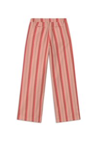Wijdvallende broek in roze stof met verticale rode en beige strepen. Kenmerken zijn onder andere een gladde textuur en twee achterzakken.