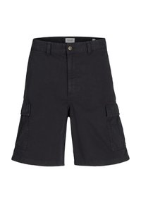 Shorts cargo noirs avec une fermeture à bouton, plusieurs poches latérales et une coupe plate. Fabriqués en coton résistant avec une texture lisse.