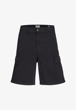 Shorts cargo neri con chiusura a pulsante, numerose tasche laterali e frontale piatto. Realizzati in cotone resistente con una texture liscia.