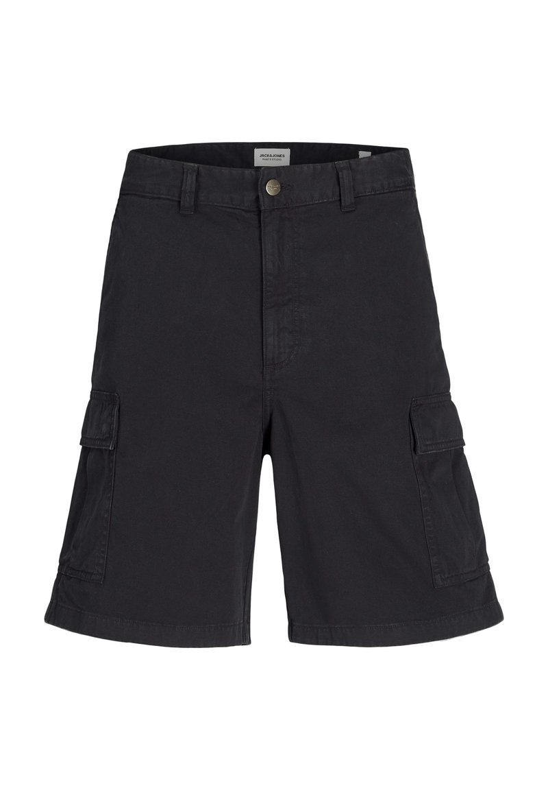 Shorts cargo noirs avec une fermeture à bouton, plusieurs poches latérales et une coupe plate. Fabriqués en coton résistant avec une texture lisse.