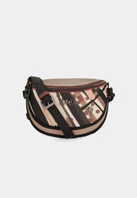 Borsa a tracolla dalla forma curva; pelle nera, beige e rosa con motivi geometrici; chiusura con zip; tracolla regolabile; hardware in argento.