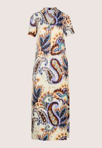 Kortemouwenjurk van lichtgewicht stof met een paisley-patroon in blauwe, bruine en crèmekleurige tinten, voorzien van een V-hals en een losse pasvorm.