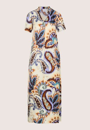 Kortemouwenjurk van lichtgewicht stof met een paisley-patroon in blauwe, bruine en crèmekleurige tinten, voorzien van een V-hals en een losse pasvorm.