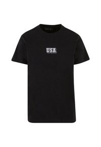 Svart bomulls T-skjorte med kortermet og rund hals, med "USA" brodert i hvitt på brystet i en fet skrift.
