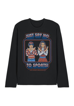 Schwarzes Langarmshirt mit einer Grafik von zwei Personen, die die Arme verschränken, und dem Text "Sag einfach Nein zu Sport!", um ein Bewusstsein gegen Sport zu fördern.
