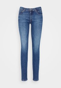 Hubené modré džíny z denimu s bledým povrchem, designem se pěti kapsami, kovovým zacvakáváním a poutky na opasek; hladká textura a přizpůsobený střih.