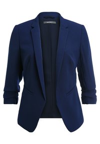 Blazer de mujer azul marino con solapa de muesca, mangas largas remangadas y dos bolsillos frontales, con la marca Esprit en el cuello.