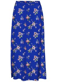 Falda larga azul con flores que cuenta con una cintura elástica, adornada con flores rosas y blancas sobre una tela suave, proporcionando una silueta fluida.