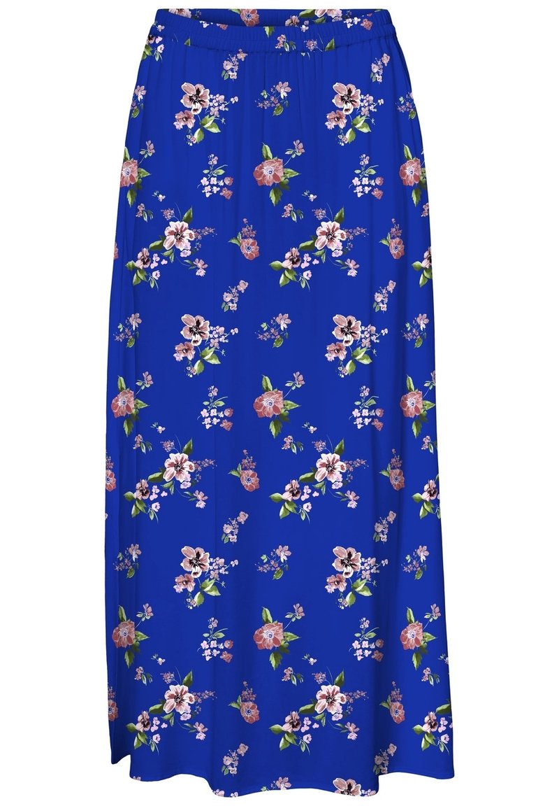 Falda larga azul con flores que cuenta con una cintura elástica, adornada con flores rosas y blancas sobre una tela suave, proporcionando una silueta fluida.