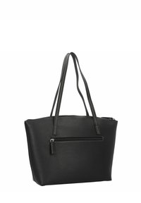 Sac fourre-tout en cuir noir avec deux poignées, fermeture zippée et poche avant. Présente des coutures contrastées et une texture lisse.