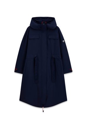 Parka larga azul marino con capucha, cremallera frontal, bolsillos con solapa en el pecho y las caderas, cordones ajustables en la cintura y parche con logo en la manga izquierda.