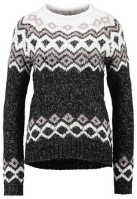 Maglione lavorato a maglia nero con un morbido motivo geometrico bianco e rosa chiaro. Presenta un colletto rotondo e polsi e orlo a coste.