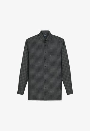 Langärmliges Hemd mit Knöpfen aus dunkelgrauem Stoff, das ein geometrisches Muster, einen Kragen und eine einzelne Brusttasche mit Logodetail aufweist.