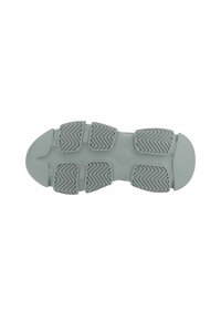 Lichtgrijze sneakerzool met een gestructureerd, zigzag rubberpatroon. Bevat flexibele groeven en een ronde neus voor verbeterde grip en comfort.