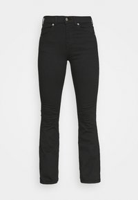 Jeans de denim preto com cintura alta, design de perna reta, cinco bolsos e fecho de botão metálico. Textura suave com ligeira elasticidade.