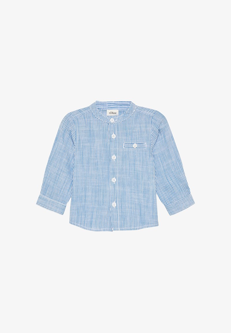 Gestreiftes Langarmhemd in Hellblau und Weiß, mit Rundhalsausschnitt, vorderen Knopfverschlüssen und einer Brusttasche mit horizontalen Streifen.