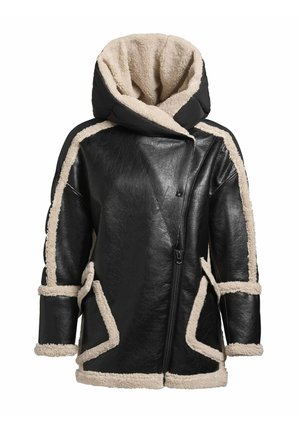 Black leather jacket with a cozy beige faux fur lining and trim. Features a large hood, asymmetrical zipper, and diagonal front seams.