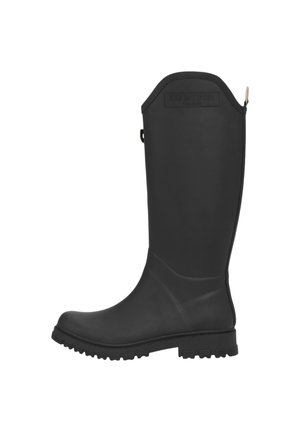 Zwarte rubberen kniehoge laarzen met een gestructureerde bovenkant, gebogen bovenrand en een robuuste zool voor grip. Voorzien van een achterrits en logo-detail.