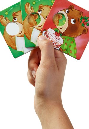 Three colorful cards featuring animal illustrations: one green with a bear, one red with a cake illustration, and a circular cutout on the first card.