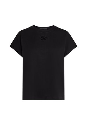Μαύρο κοντομάνικο T-shirt με στρογγυλή λαιμόκοψη και διακριτική γυαλιστερή λεπτομέρεια με το λογότυπο κεντραρισμένη κοντά στη λαιμόκοψη.