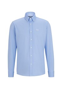 Light blue long-sleeve shirt with a button-down collar, front button closure, and small white logo on the left chest. Soft fabric texture.