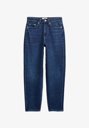 Jean en denim bleu foncé à jambes droites avec cinq poches et fermeture par bouton, présenté à plat sur un fond blanc.