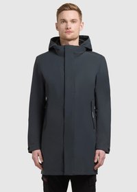Waterdichte lange jas in donkergrijs, met een hoge kraag, capuchon en twee met rits afgesloten zijzakken. Soepele, duurzame stof met minimale naden.