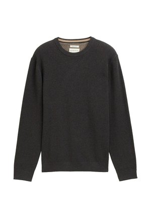 Maglione a maniche lunghe in maglia di un grigio ardesia scuro, con collo, polsini e orlo a coste, esposto piatto su uno sfondo bianco.