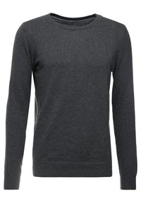 Dunkelgrauer Pullover, lange Ärmel, Rundhalsausschnitt, weiche Textur, gerippte Bündchen und Saum, einfarbig, keine sichtbaren Muster oder Verzierungen.