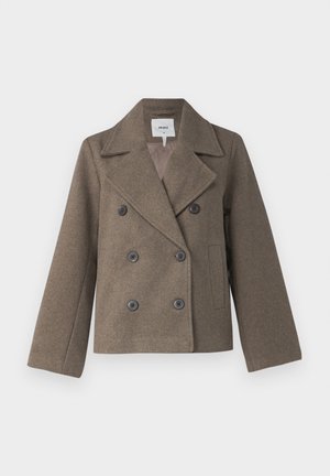 Manteau croisé en mélange de laine marron avec des boutons double boutonnage, revers cranté, poches latérales et coupe droite, doté d'une doublure intérieure lisse.