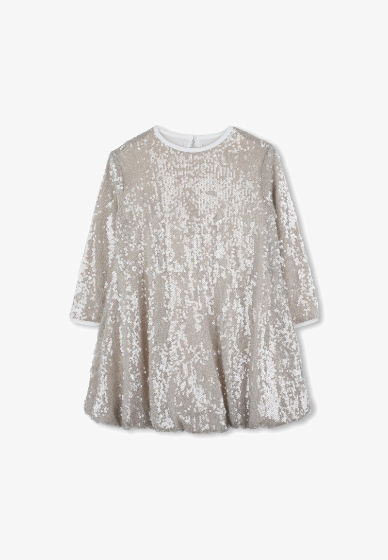 Robe en sequins argentés avec un col rond, des manches longues et une jupe évasée. Dotée d'une texture douce et d'un col de couleur crème.