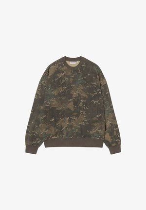 Felpa mimetica verde, realizzata in tessuto morbido, presenta un collo tondo, spalle scese, polsini a coste e un motivo testurizzato a foglia.