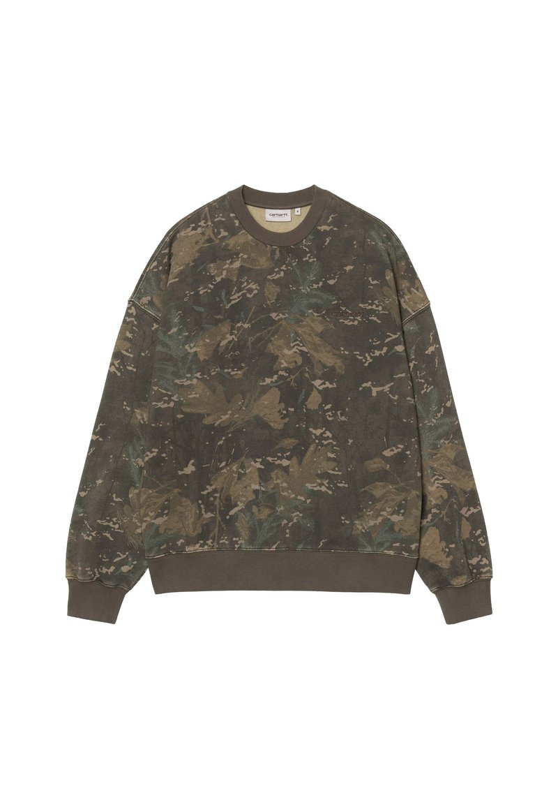 Felpa mimetica verde, realizzata in tessuto morbido, presenta un collo tondo, spalle scese, polsini a coste e un motivo testurizzato a foglia.