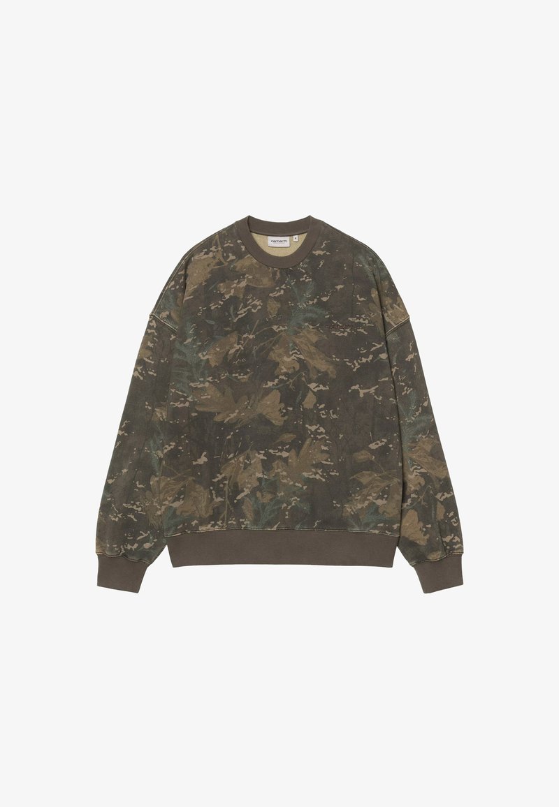 Felpa mimetica verde, realizzata in tessuto morbido, presenta un collo tondo, spalle scese, polsini a coste e un motivo testurizzato a foglia.