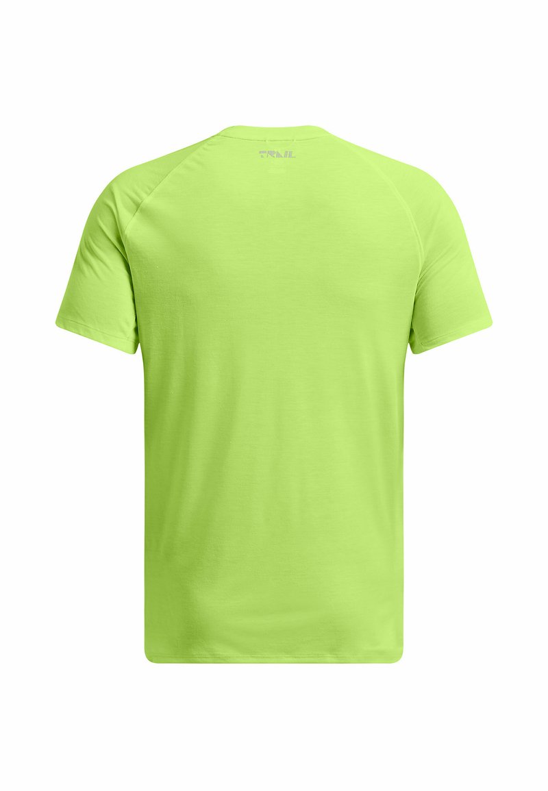 T-shirt à manches courtes de couleur vert lime vif, fabriqué en tissu léger. Il possède un col arrondi et une texture lisse avec un minimum de détails de couture.