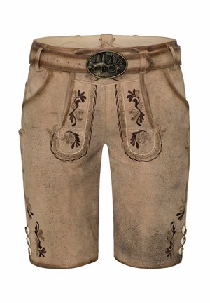 Hellbraune Leder-Shorts mit gestickten Blumenmustern, seitlichen Taschen und einer dekorativen Schnalle am Gürtel. Knopfdetails am Saum.