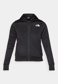 Black hooded zip-up sweatshirt made of soft fabric, featuring a front zipper, two side pockets, and a small white logo on the left chest.