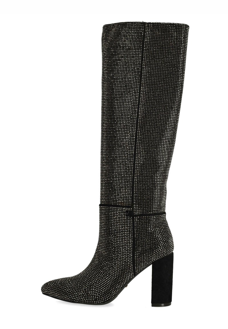 Bottes noires à hauteur de genou avec un bout pointu, recouvertes de petits clous en argent, dotées d'un talon bloc et d'un design en tissu texturé.