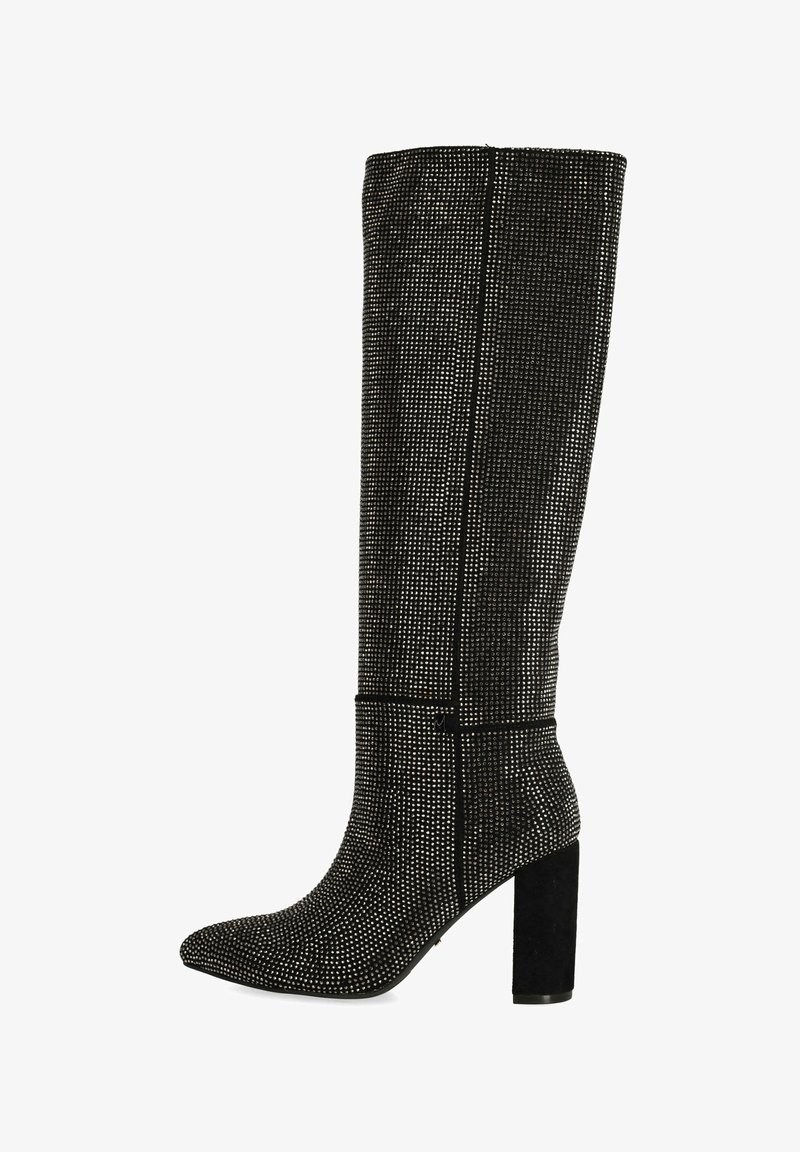 Bottes noires à hauteur de genou avec un bout pointu, recouvertes de petits clous en argent, dotées d'un talon bloc et d'un design en tissu texturé.