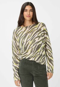 Frau mit langen dunklen Haaren, die einen lockeren zebra-gemusterten Pullover in Grün- und Grautönen sowie eine dunkelgrüne Cordhose trägt.