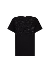 T-shirt nero a maniche corte con design testurizzato che presenta borchie e un logo sulla parte frontale. Realizzato in tessuto morbido con vestibilità comoda.