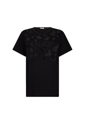 T-shirt nero a maniche corte con design testurizzato che presenta borchie e un logo sulla parte frontale. Realizzato in tessuto morbido con vestibilità comoda.