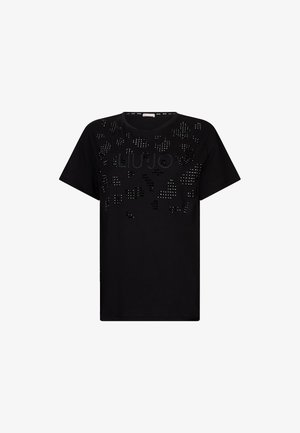 T-shirt nero a maniche corte con design testurizzato che presenta borchie e un logo sulla parte frontale. Realizzato in tessuto morbido con vestibilità comoda.